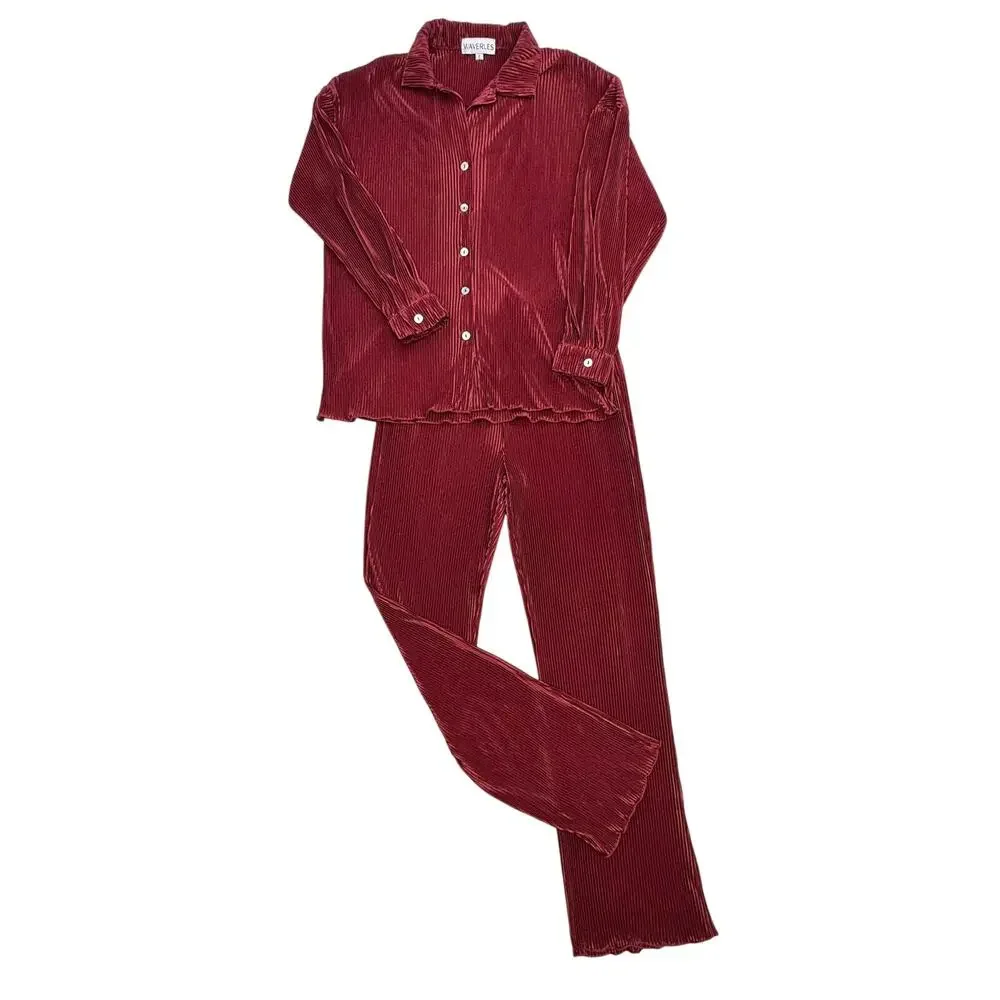 Waverles Pleated 2 Piece Set Burgundy Button Shirt Pants S Resort Lounge - Picture 1 of 16